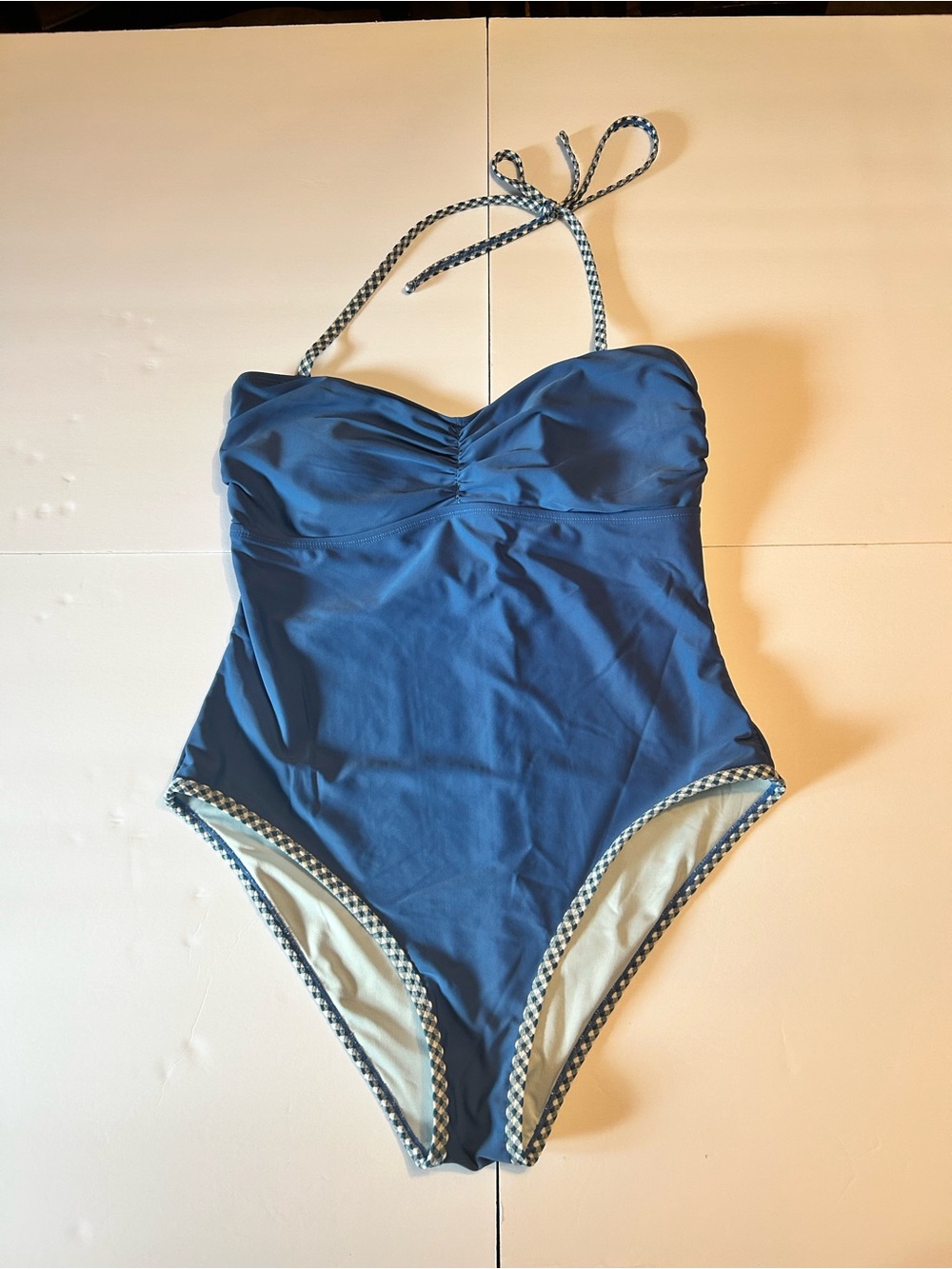 Navy Halter One-Piece Swimsuit with plaid Trim